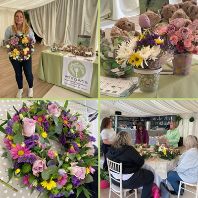 a selection of photos showing people and flower arranging from our Easter Be Together event