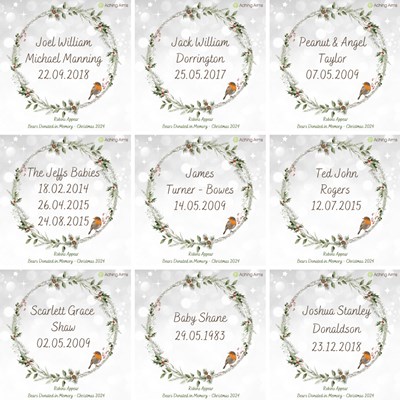 a christmas graphic with babies names inside a christmas wreath and snamm red robins